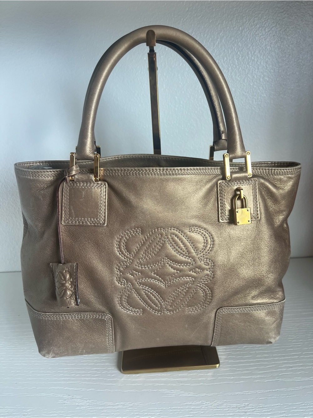 Loewe Metallic Taupe Leather Top-Handle Tote